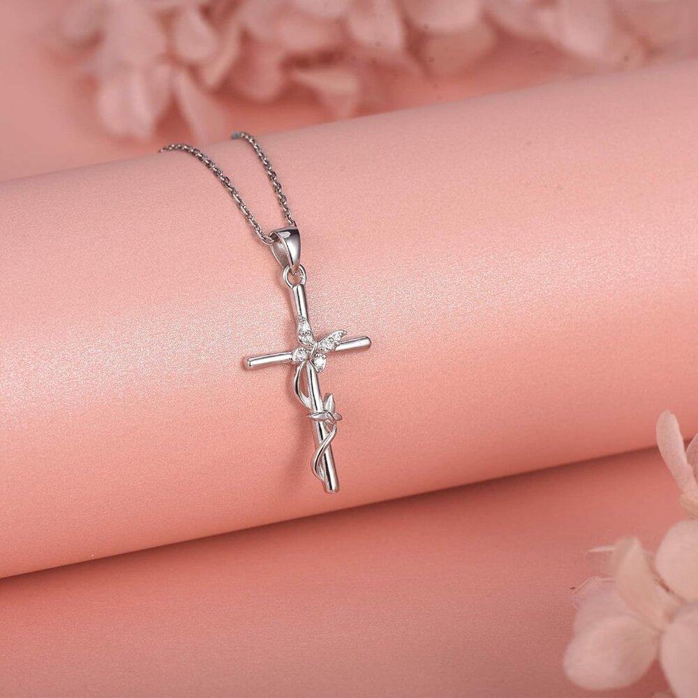 Cross Necklace for Women 925 Sterling Silver Jewelry Pendant Necklace for Mom Wi - Picture 2 of 6
